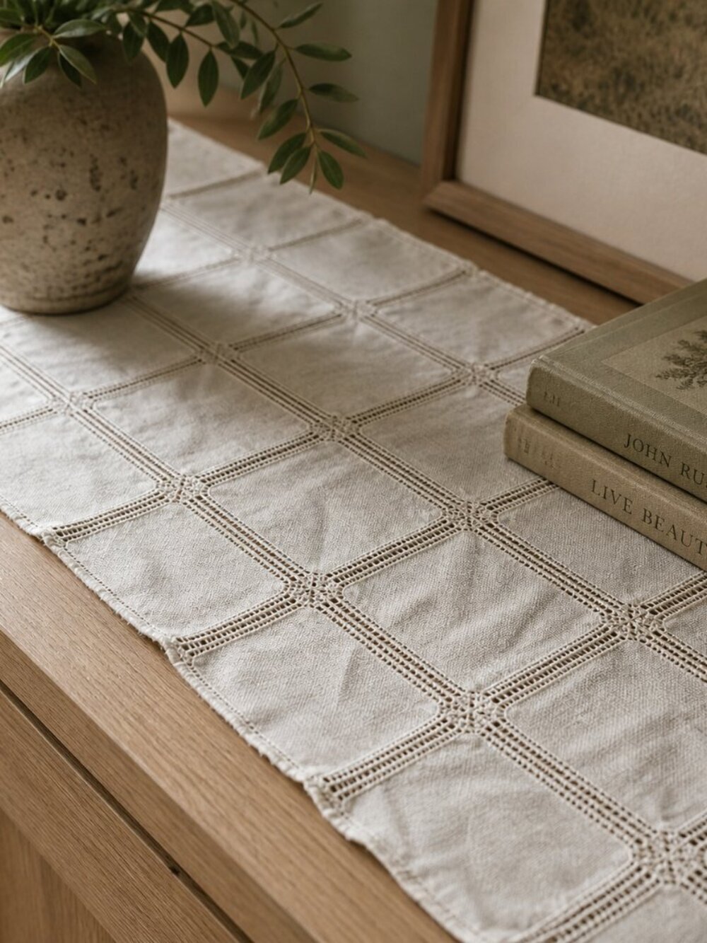 French Country Linen Table Runner Neutral Greige Vintage Textile Soft Minimal